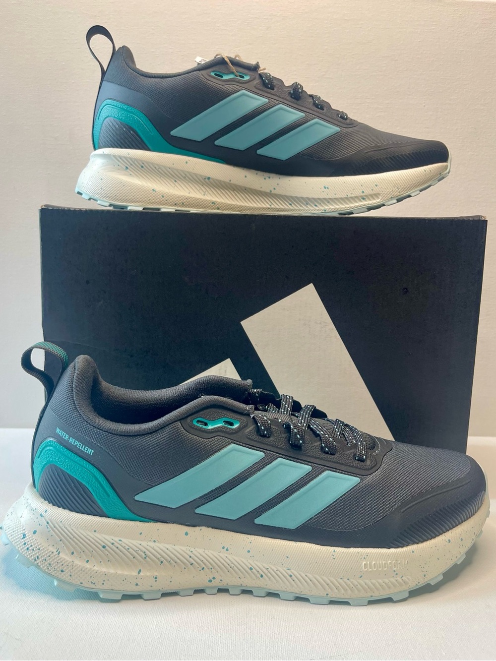 NIB ADIDAS RUNFALCON 5 TR MESH CLOUDFOAM RUNNING SHOES BLACK TEAL YOUTH SIZE 6